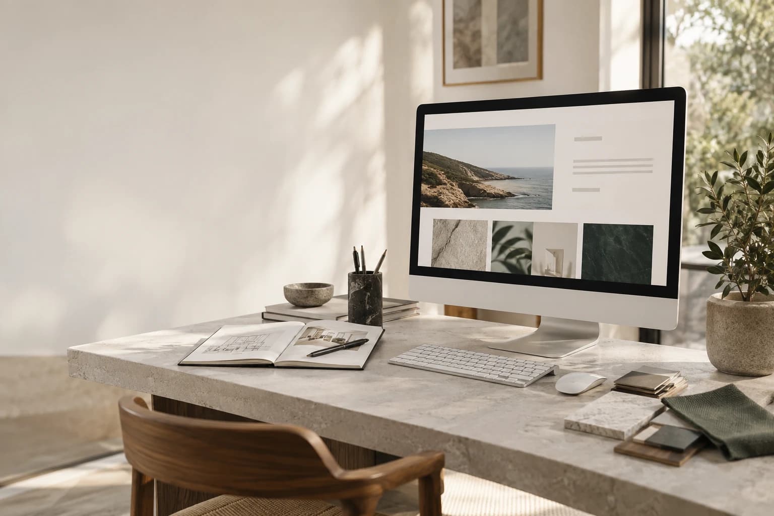 Illustrative workspace with a desktop display and design notebook