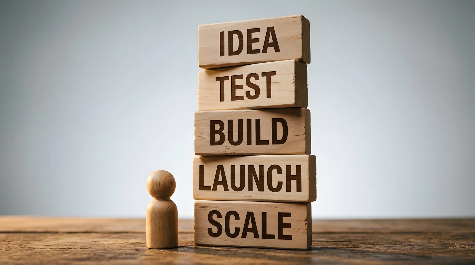 Wooden blocks showing the stages Idea, Test, Build, Launch, and Scale